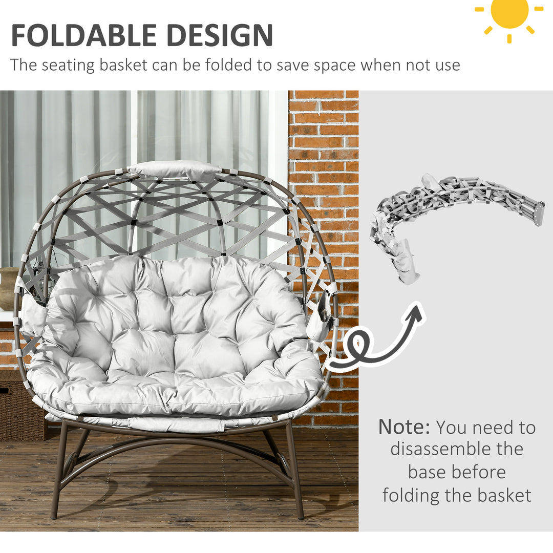 2 Seater Egg Chair Outdoor, Folding Weave Garden Furniture Chair with Cushion, Cup Pockets - Light Grey