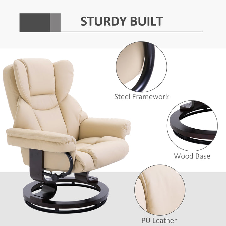 HOMCOM Reclining Swivel Armchair Footstool Set Sofa Padded PU Leather Relaxing Manual Duo Metal Frame Bentwood Base Cream