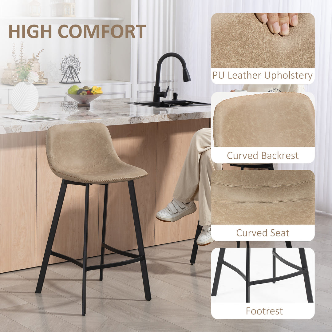 MCL Bar Stools Set of 2, PU Leather Dining Stools with Backrest, Footrest, for Kitchen, Counter, Breakfast Bar, Light Brown