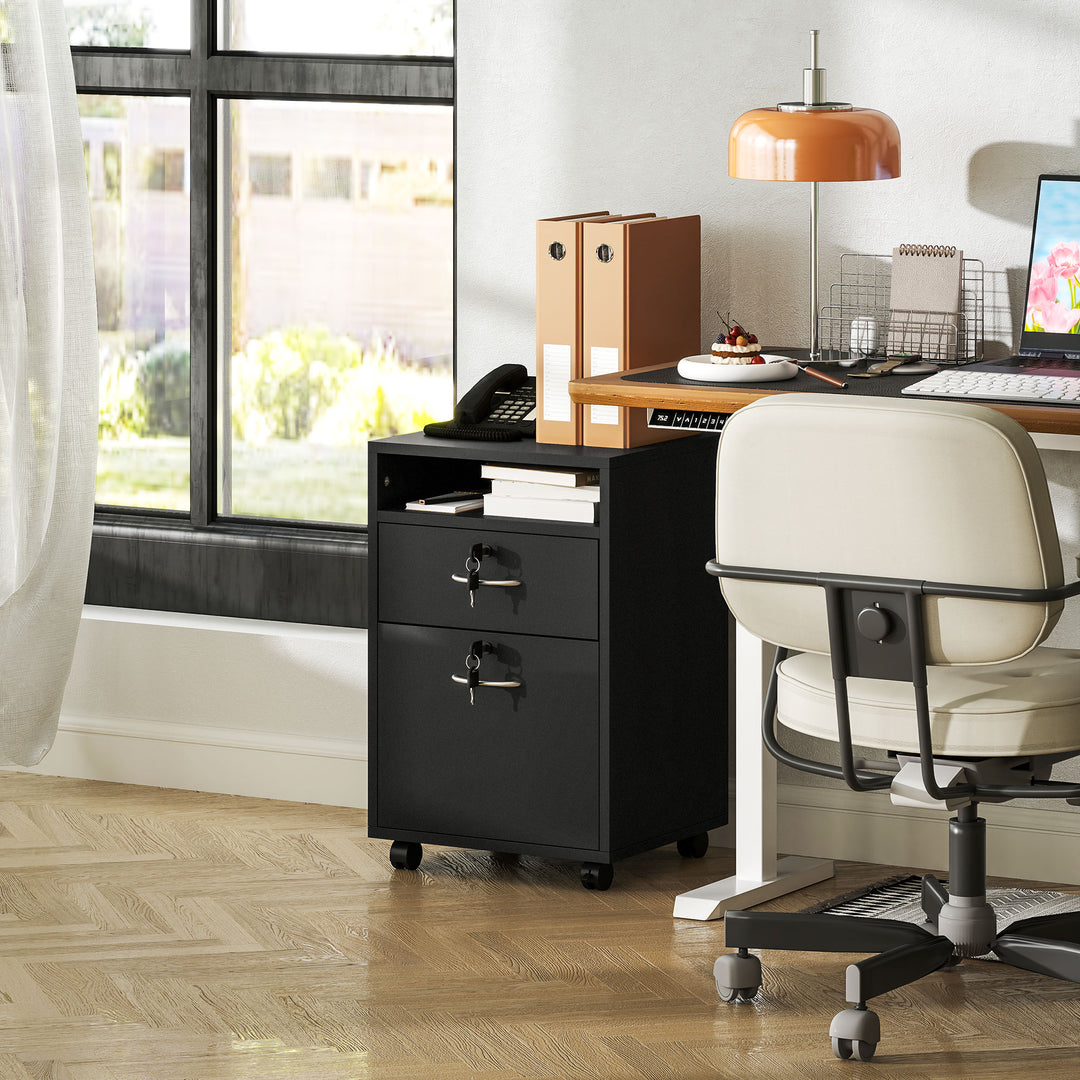 60cm Filing Cabinet with Drawer, Open Shelf, Metal Handles and 4 Wheels, Office Home Organiser Mobile Printer with Two Locks, Black