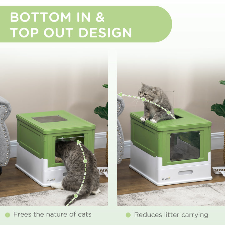 PawHut Hooded Cat Litter Box, Portable Pet Toilet, with Scoop, Front Entry - Lime Green | Aosom UK