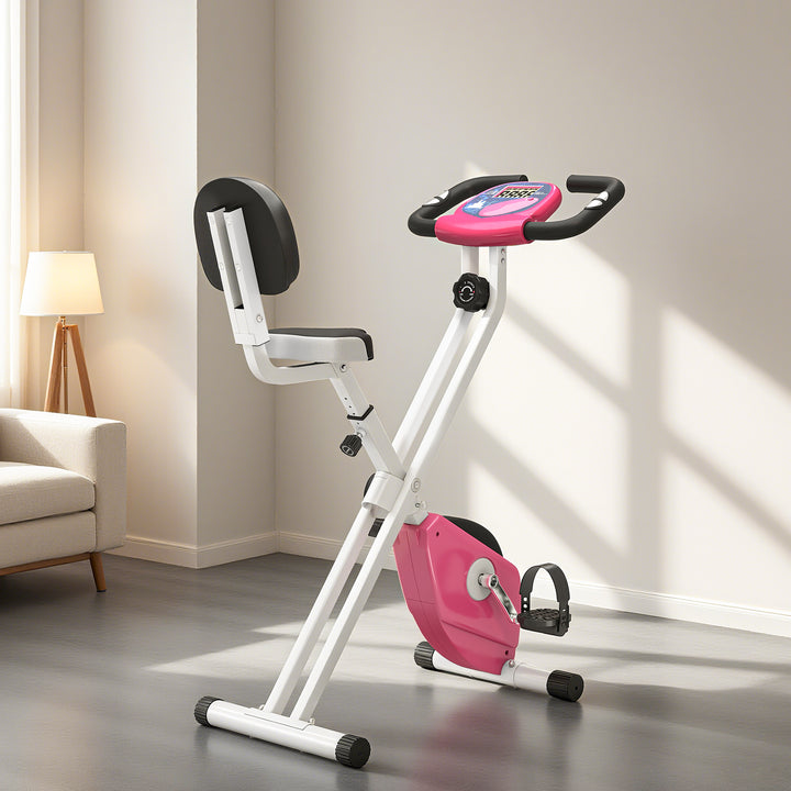 MCL Folding Exercise Bike, Fitness Bicycle Indoor Trainer, 8-Level Magnetic Resistance Adjustable, with LCD Monitor, Pulse Sensor, Pink