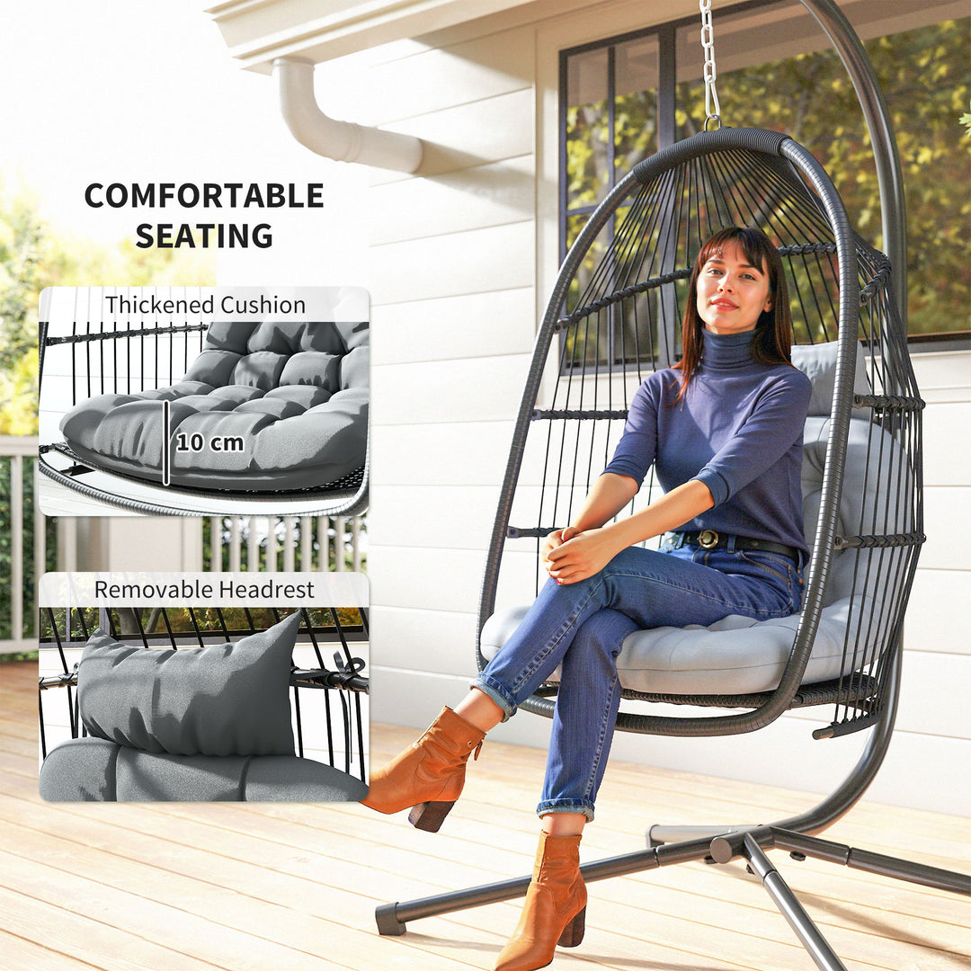 Rattan Hanging Egg Chair with Stand, Foldable Wicker Swing Egg Chair with Cushion, Head Pillow, Steel Frame, Hammock Chair for Indoor Outdoor, Capacity 150 kg, Dark Grey