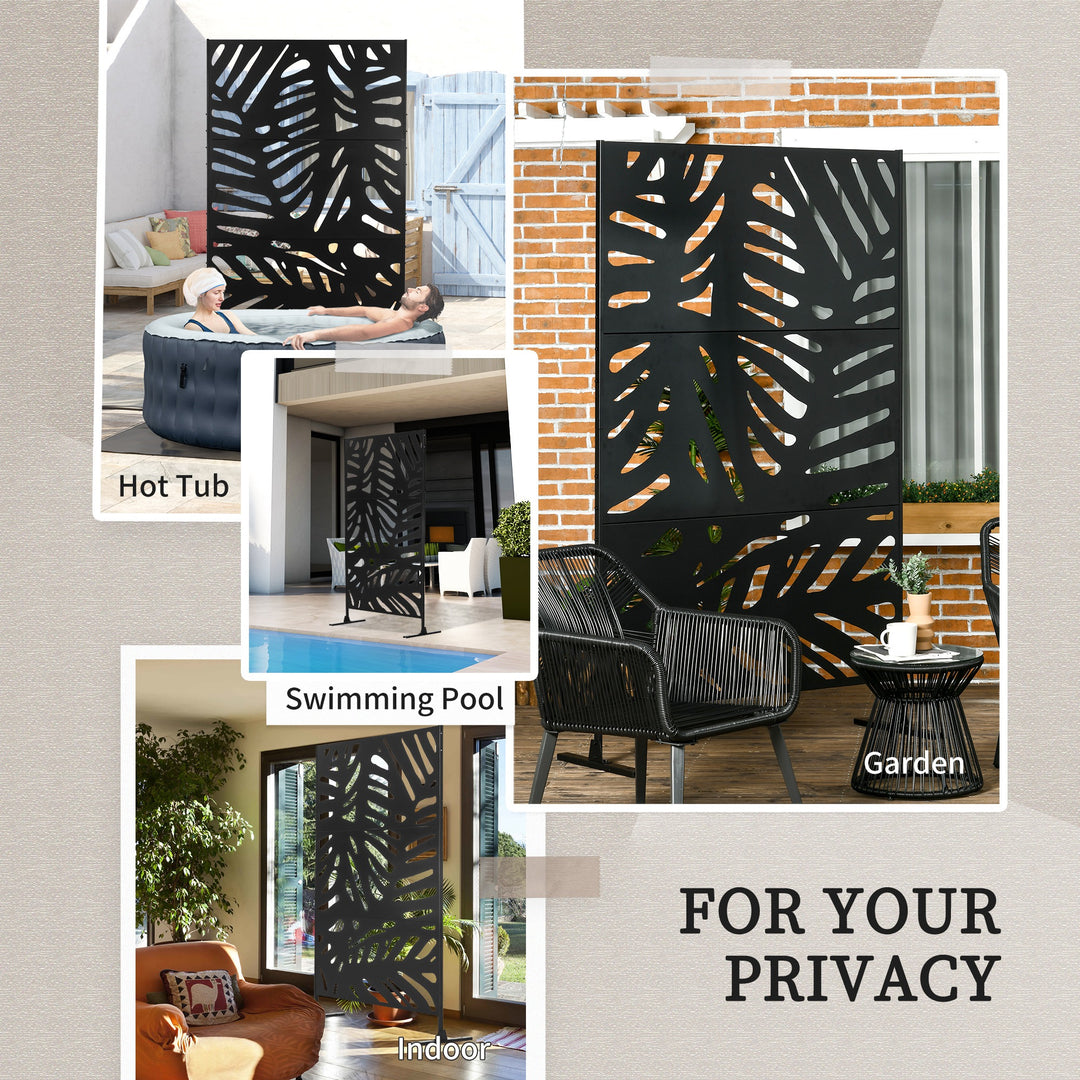 Decorative Garden Privacy Screen with Stand, 6.5FT Freestanding Metal Outdoor Divider, Decorative Privacy Panel with Expansion Screws for Garden Pool Hot Tub, Large Leaves Style, Black