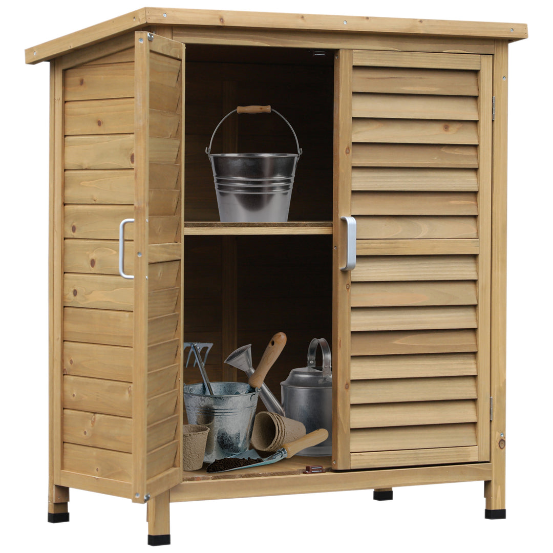 Garden Shed Wooden Garden Storage Shed 2 Door Unit Solid Fir Wood Garage Tool Organisation Cabinet, 87L x 46.5W x 96.5Hcm, Natural
