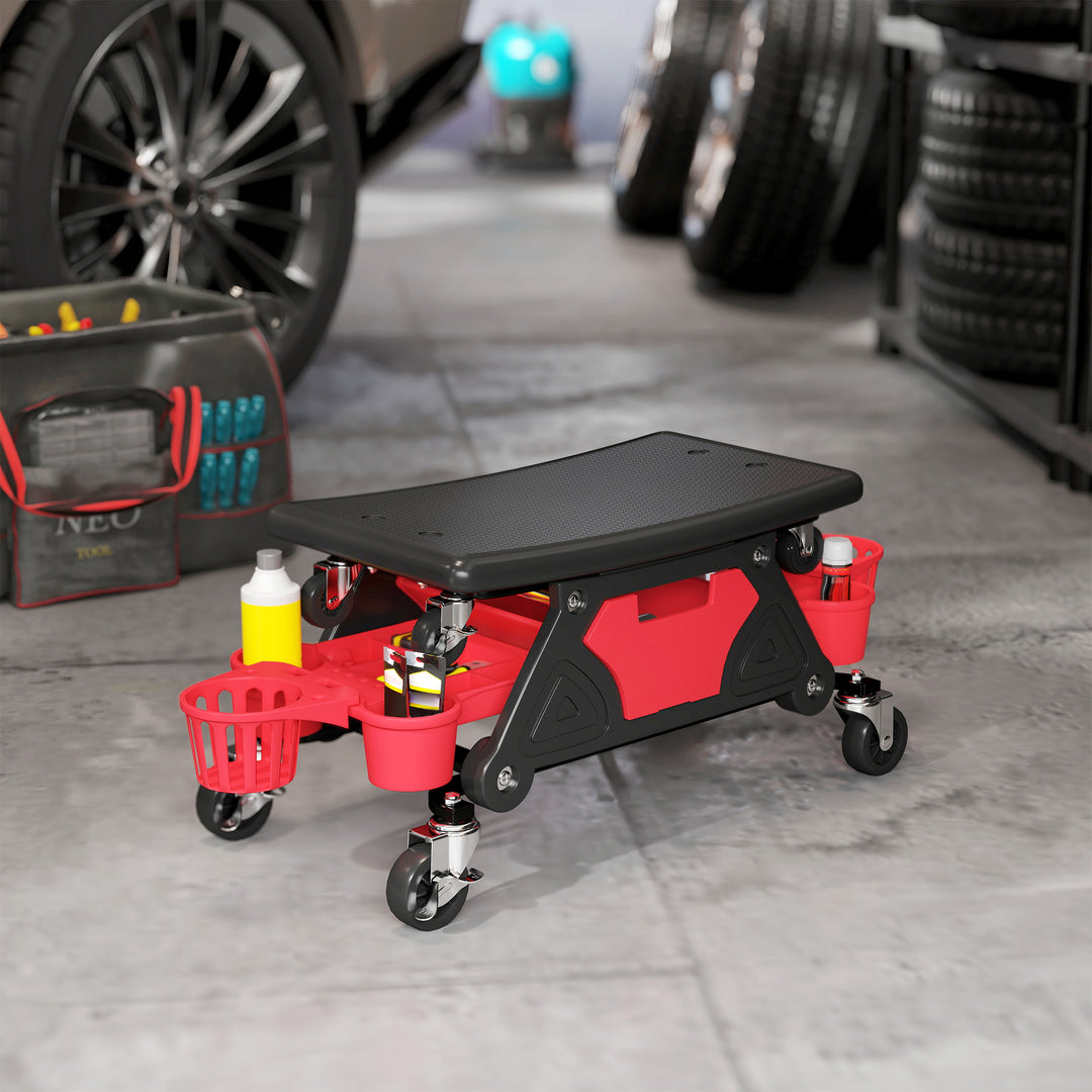 Rolling Mechanic Stool, 135kg Capacity Workshop Stool with 360° Swivel Wheels, Roller Creeper Seat with Slide Out Tool Trays, Drawer, Bottle Holders for Garage, Shop, Auto Repair, Red