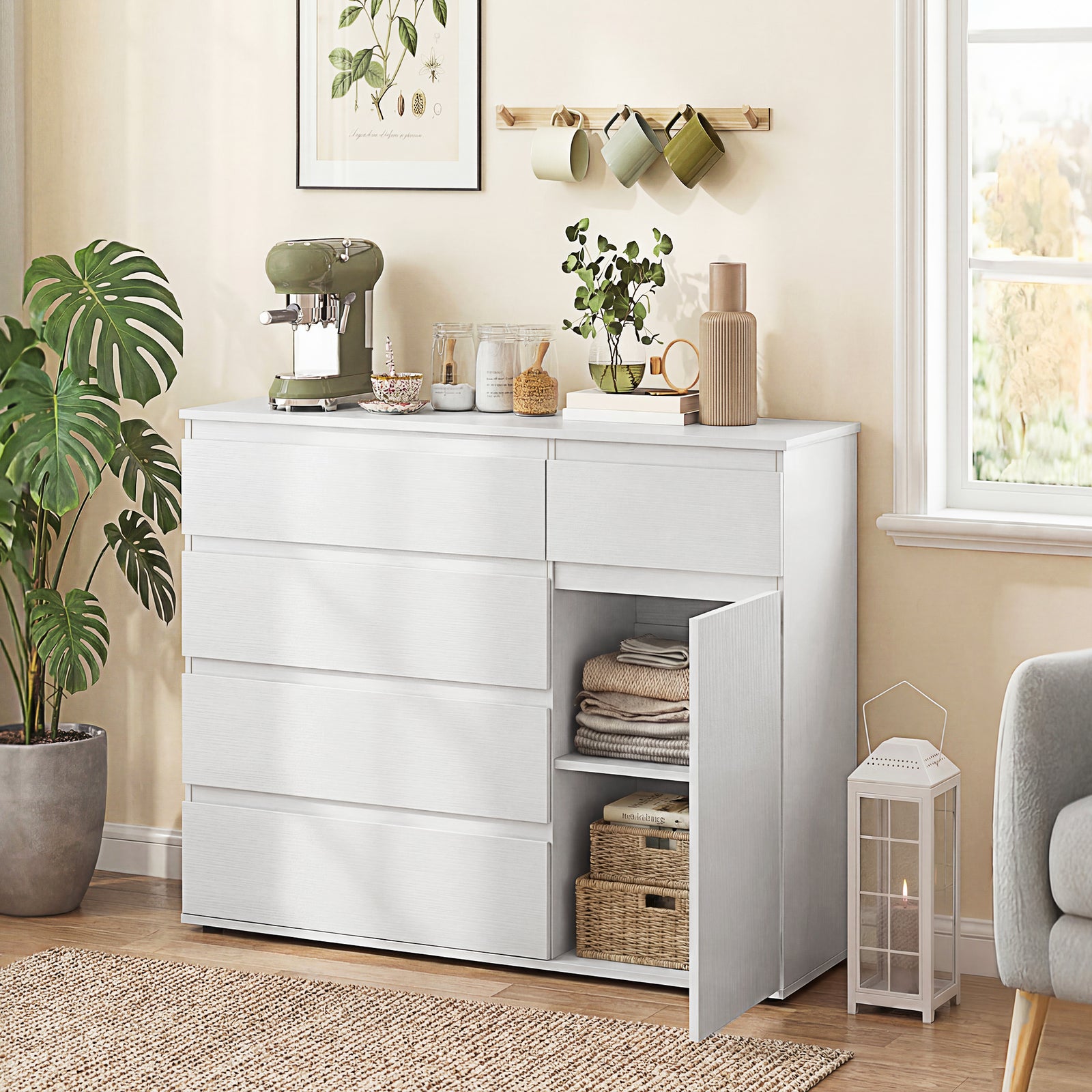 Modern Chest Of Drawers, 5 Drawer Dresser with Adjustable Shelf, Soft-