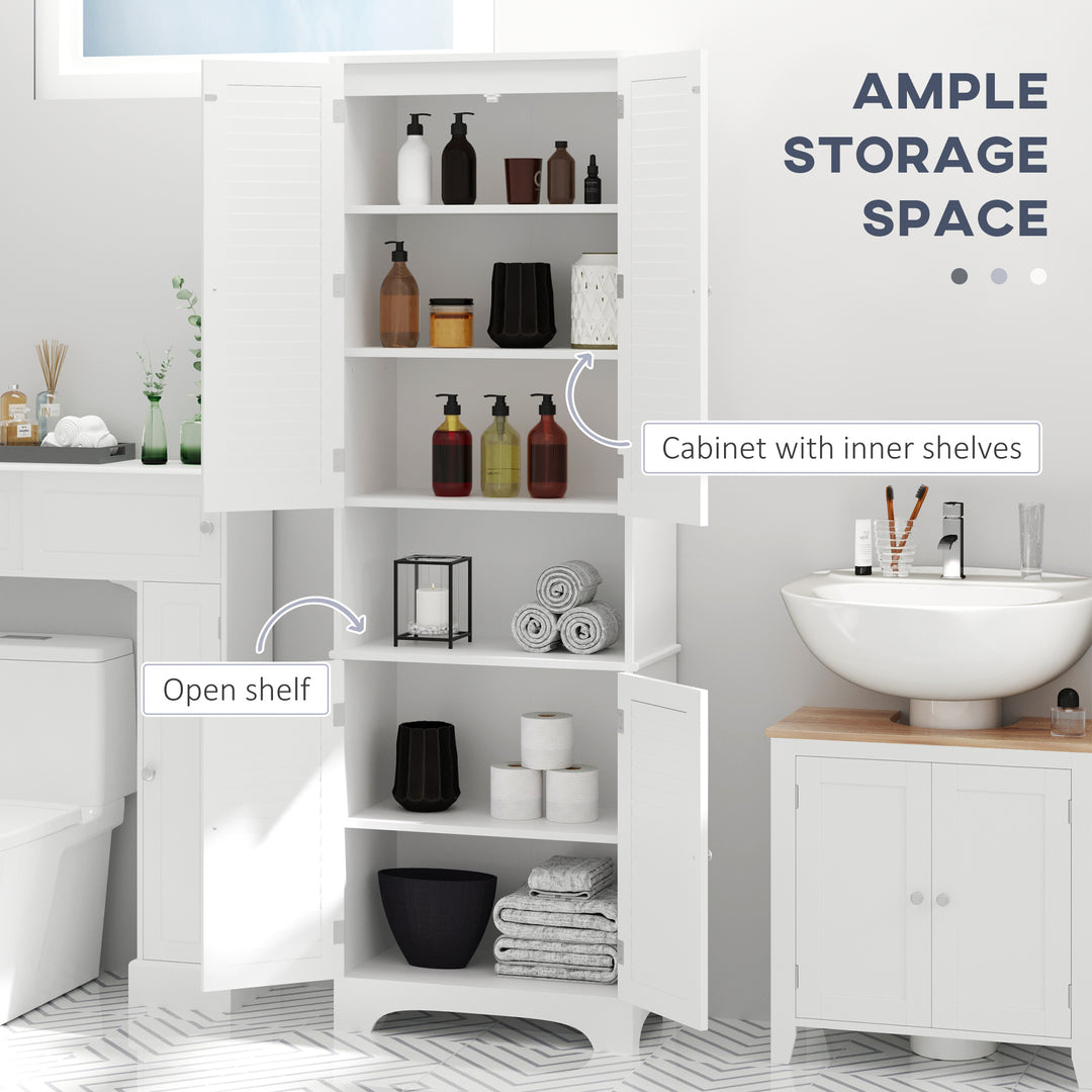 Tall Freestanding Bathroom Cabinet Retro Shutters w/ 3 Compartments Shelves Elevated Base Narrow Organiser White 60L x 30W x 182.5H cm