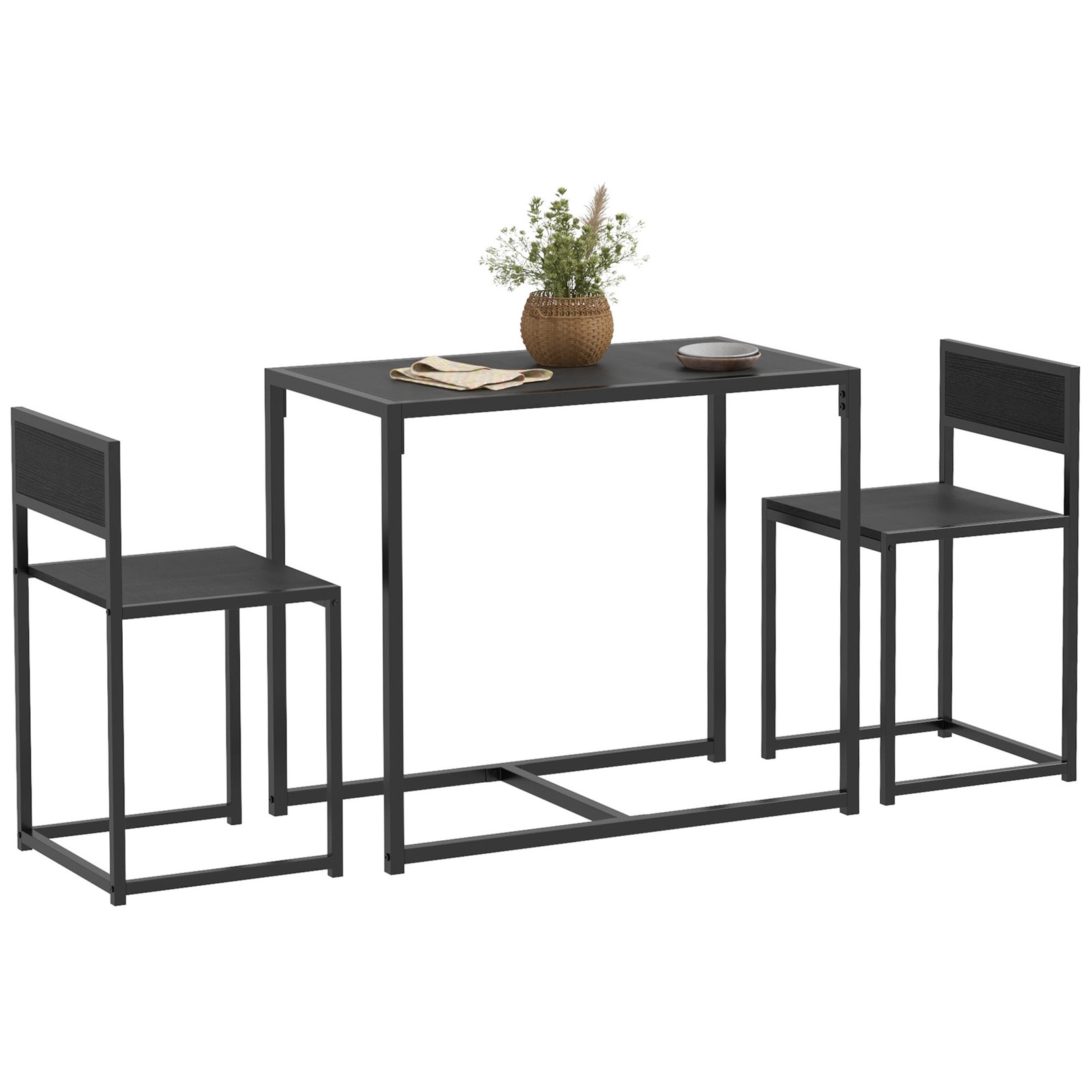 Dining Table and Chairs Set 2, Dining Room Sets, Rectangular Space Saving Table and 2 Chairs for Compact Kitchens, Steel Frame, Black