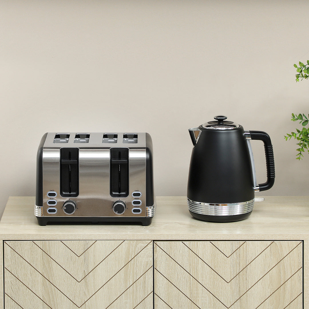 Stainless Steel Kettle and Toaster Set, 1.7L 3000W Rapid Boil Jug Kettle with UK Strix Thermostat, Limescale Filter, 4 Slice Toaster with 7 Browning Controls, Crumb Tray, Black and Silver Tone