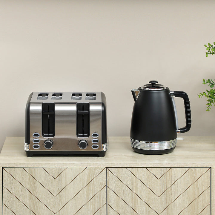 Stainless Steel Kettle and Toaster Set, 1.7L 3000W Rapid Boil Jug Kettle with UK Strix Thermostat, Limescale Filter, 4 Slice Toaster with 7 Browning Controls, Crumb Tray, Black and Silver Tone