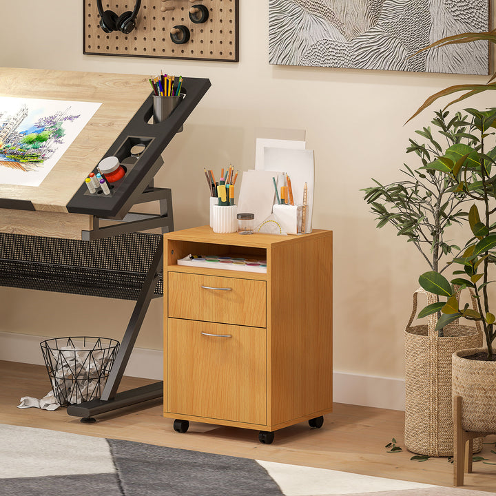 60cm Filing Cabinet with Drawer, Open Shelf, Metal Handles and 4 Wheels, Office Home Organiser Mobile Printer, Natural Wood Finish