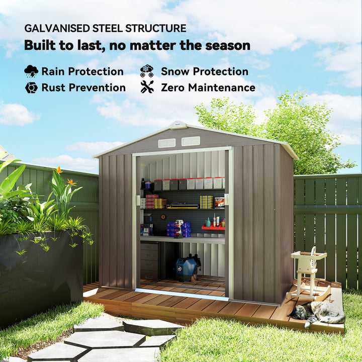 7 x 4ft Metal Garden Storage Shed with Vents, Floor Foundation Kit and Lockable Double Doors, Light Brown