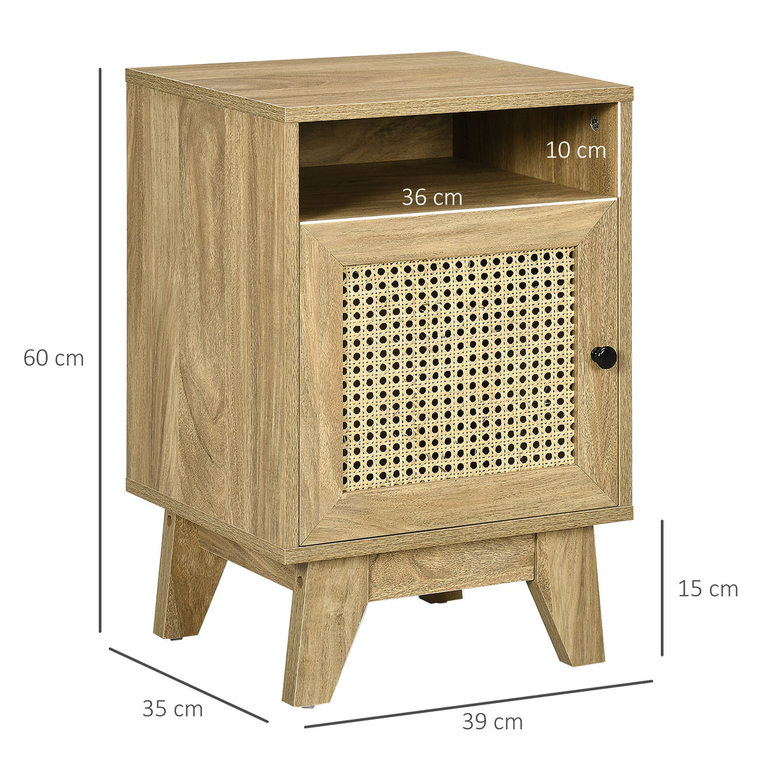 2-Piece Narrow Rattan Nightstands, Side End Table with Shelf and Cupboard, 39cm x 35cm x 60cm, Natural