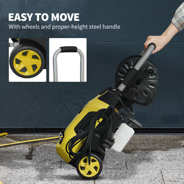 1800W High Pressure Washer, 150 Bar Pressure, 420 L/h Flow, Portable Power Washer Jet Wash Cleaner with Adjustable Nozzle, 6M Hose, Hose Reel, Steel Handle for Home Patio Car Driveway, Yellow