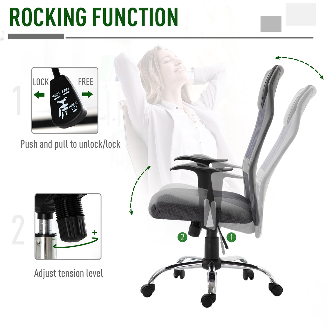 Office Chair, Computer Desk Chair, Mesh and PU Leather Swivel Chair with Adjustable Height and Rolling Wheels for Home Office Work Study, Grey