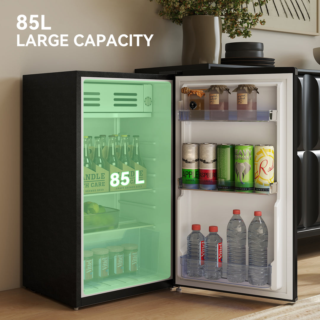Under Counter Fridge, 85L Small Retro Refrigerator with Chiller Box, Adjustable Thermostat, Glass Shelves, Black