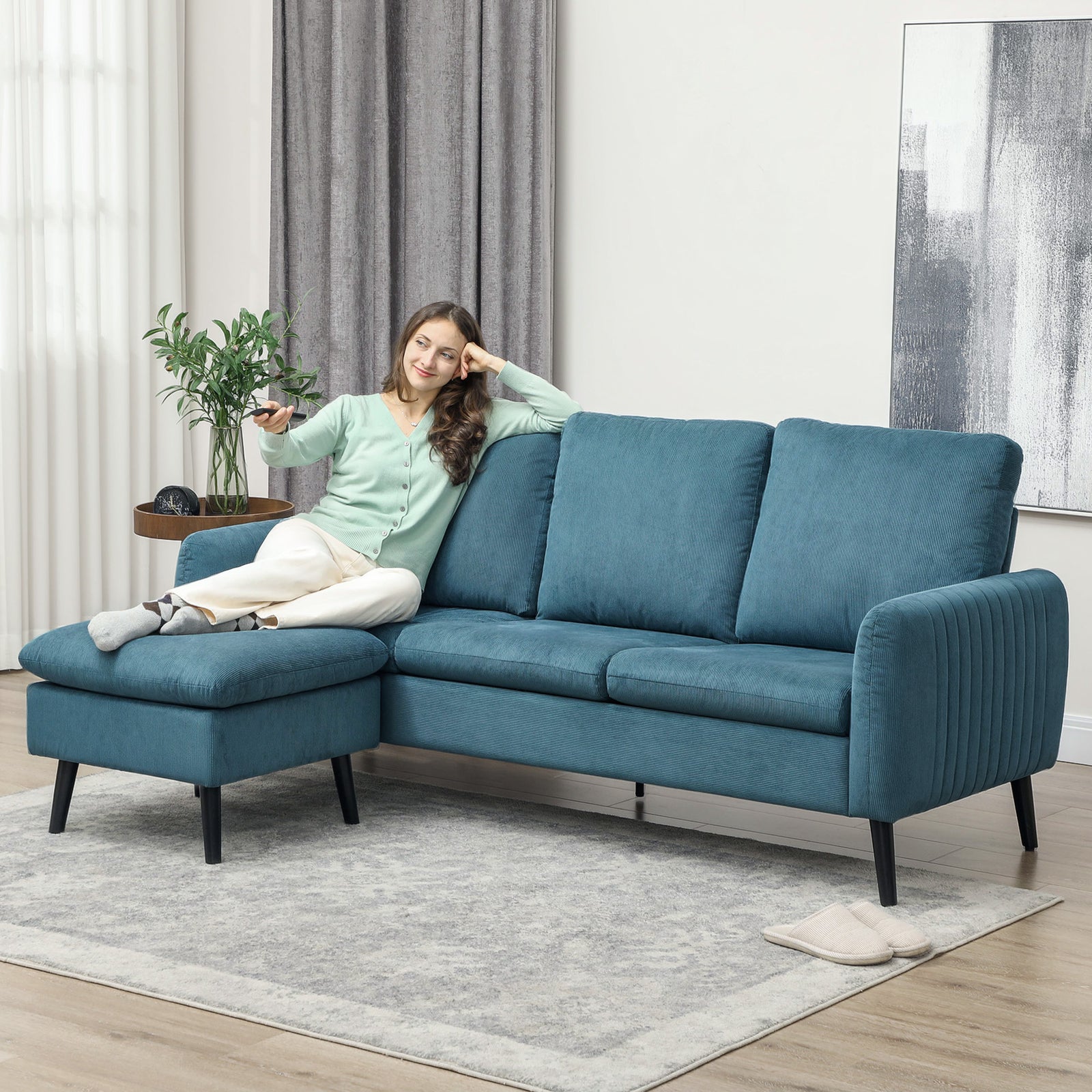 3 Seater Sofa with Ottoman, 196cm Corduroy L-shaped Sofa Couch with Scatter Back, Reversible Chaise Lounge for Living Room, Home Office, Small Spaces, Blue