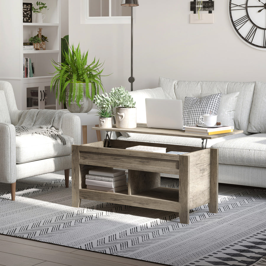 Lift Top Coffee Table w/ Hidden Storage Compartment Open Shelves Lift Tabletop Pop Up Centre Table for Living Room Oak Effect