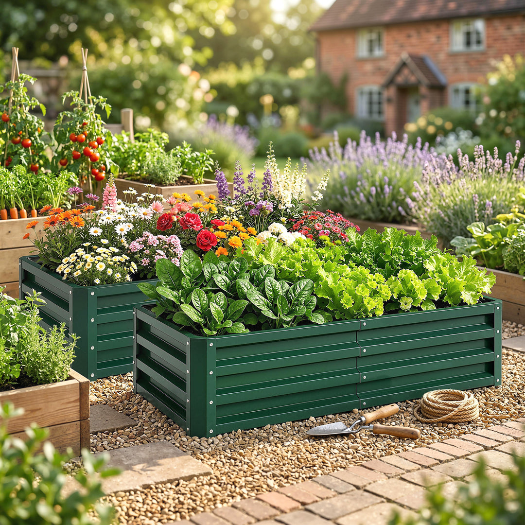 Set of 2 Raised Beds for Garden, Galvanised Outdoor Planters for Herbs