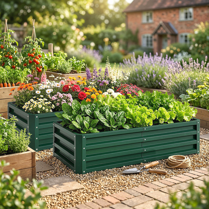 Set of 2 Raised Beds for Garden, Galvanised Outdoor Planters for Herbs