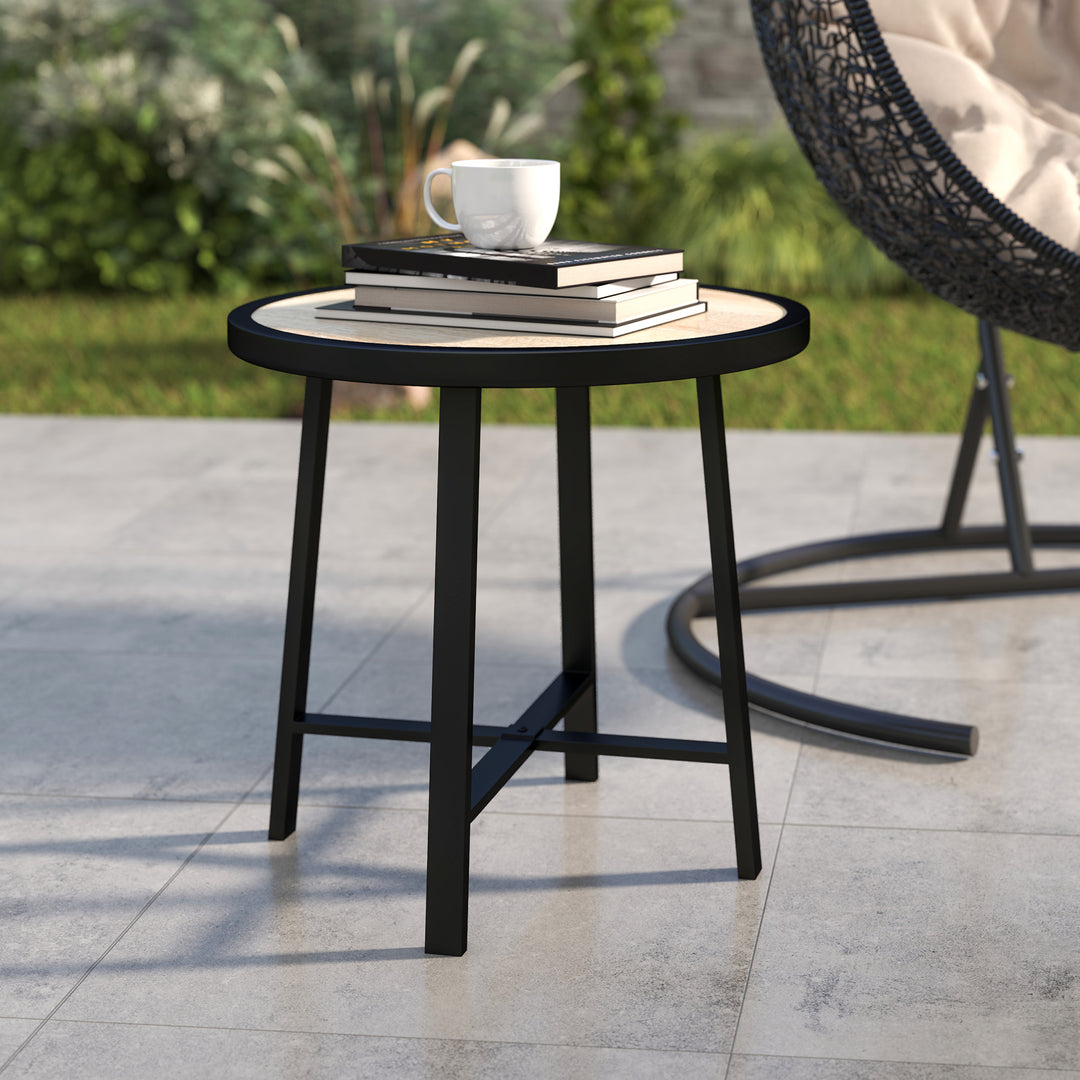 Round Small Garden Table, 50.5cm Outdoor Side Table with SPC Tabletop, Metal Frame and Anti-slip Foot Pads for Garden, Balcony, Nature Wood Finish