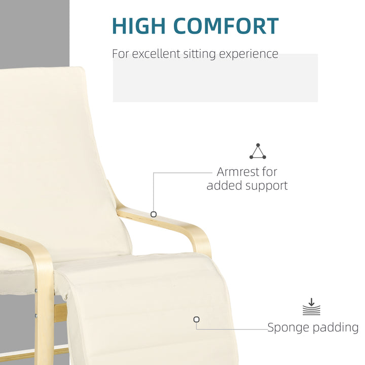 Wooden Armchair, Upholstered Linen Lounge Chair with Adjustable Footrest & Removable Cushion, Poang Chair for Living Room, Cream White