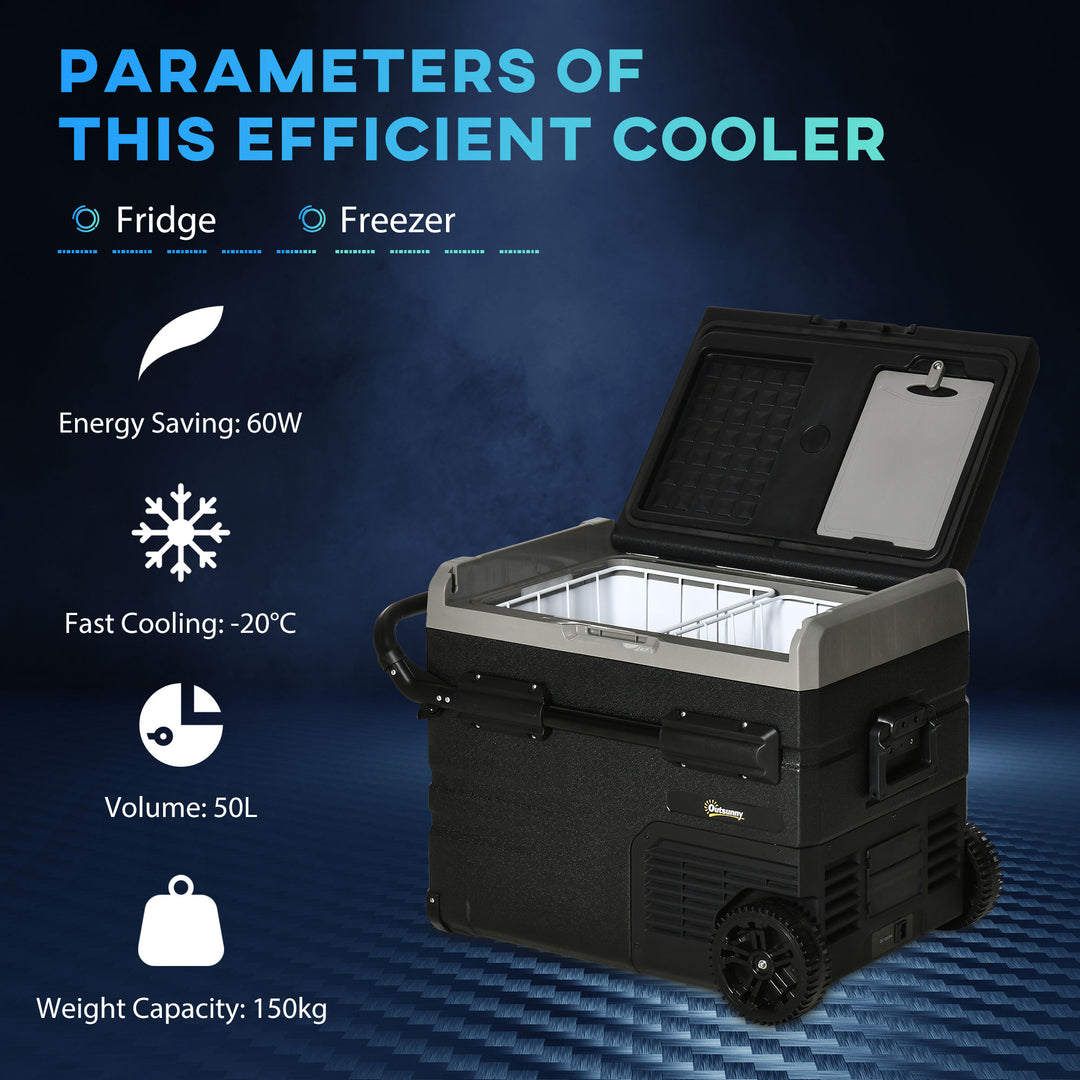 50L Car Refrigerator, Portable Compressor Cooler Box, Fridge Freezer w/ Inner LED Light, Foldable Handles, Cup Holders, 12/24V DC and 110-240V AC for Campervan RV Boat Travel Down to -20℃