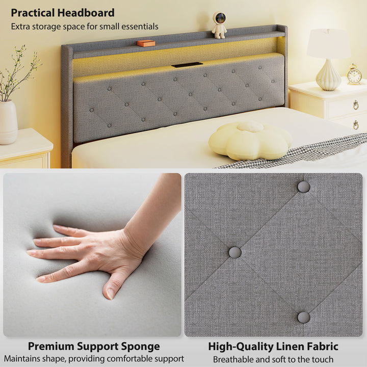 Floating Bed Frame, Upholstered 5ft King Size Bed, Platform Bed with R
