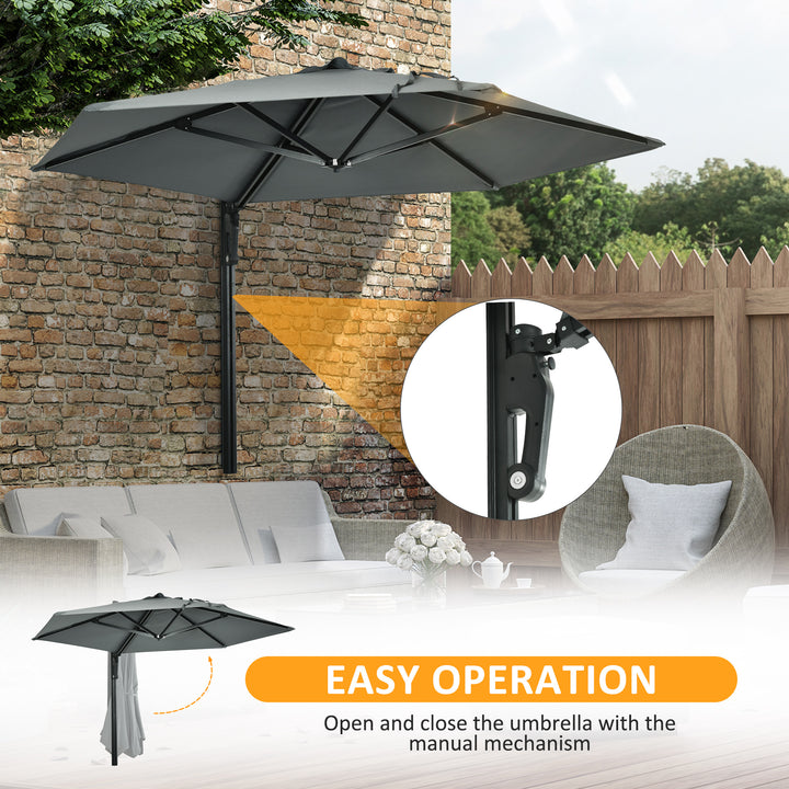 Outsunny Wall Mounted Parasol, Hand to Push Outdoor Patio Umbrella with 180 Degree Rotatable Canopy for Porch, Deck, Garden, 250 cm, Grey