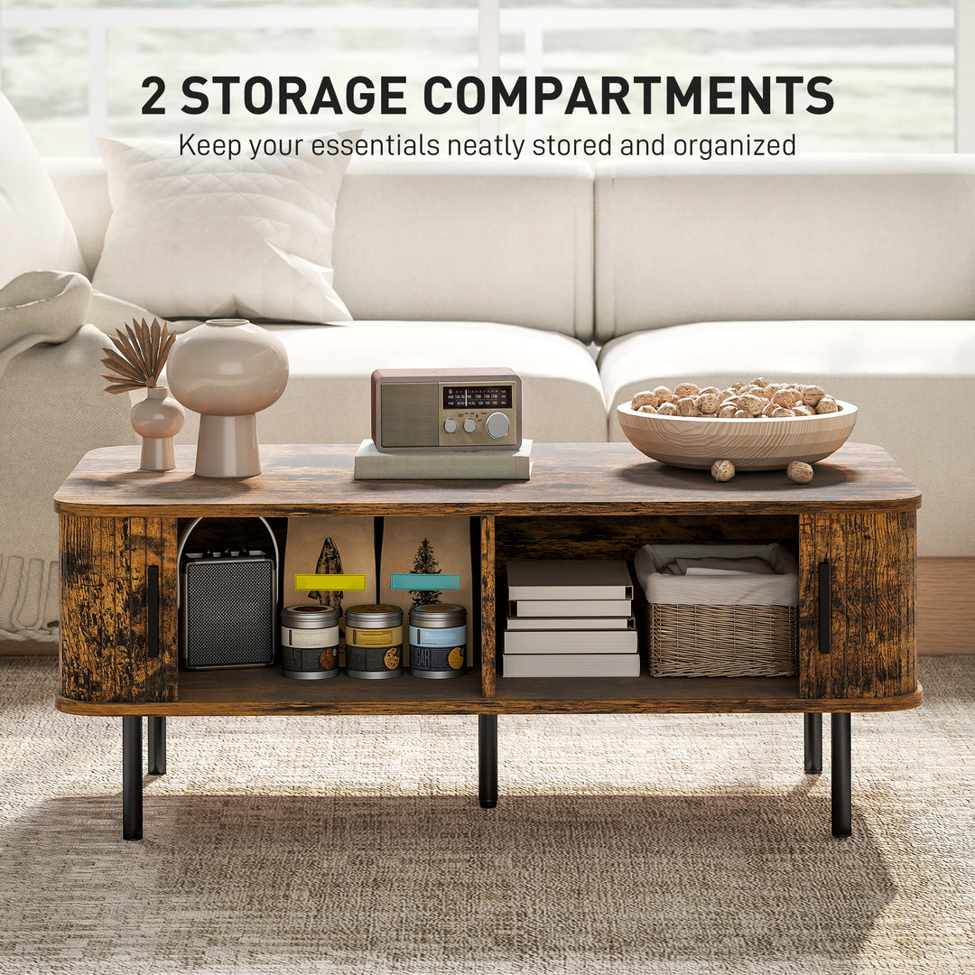 Coffee Table with Storage, Living Room Table with Slatted Tambour Sliding Doors and Foot Pads, Rectangular Coffee Table with Elevated Base for Living Room, Rustic Brown