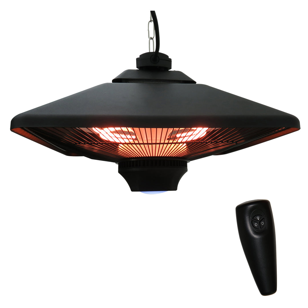 Hanging Electric Patio Heater with 2 Power Settings, 1000/2000W Waterproof Ceiling Mounted Aluminium Halogen Infrared Outdoor Heater Warmer with LED Light and Remote Control, Black