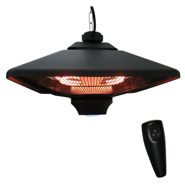 Hanging Electric Patio Heater with 2 Power Settings, 1000/2000W Waterproof Ceiling Mounted Aluminium Halogen Infrared Outdoor Heater Warmer with LED Light and Remote Control, Black