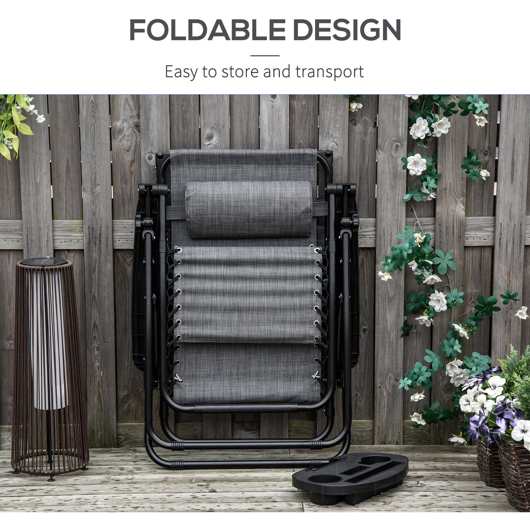 MCL Foldable Reclining Garden Chair with Headrest, Zero Gravity Deck Sun Lounger Seat Chair with Footrest, Armrest, Cup Holder & Canopy Shade, Light Grey
