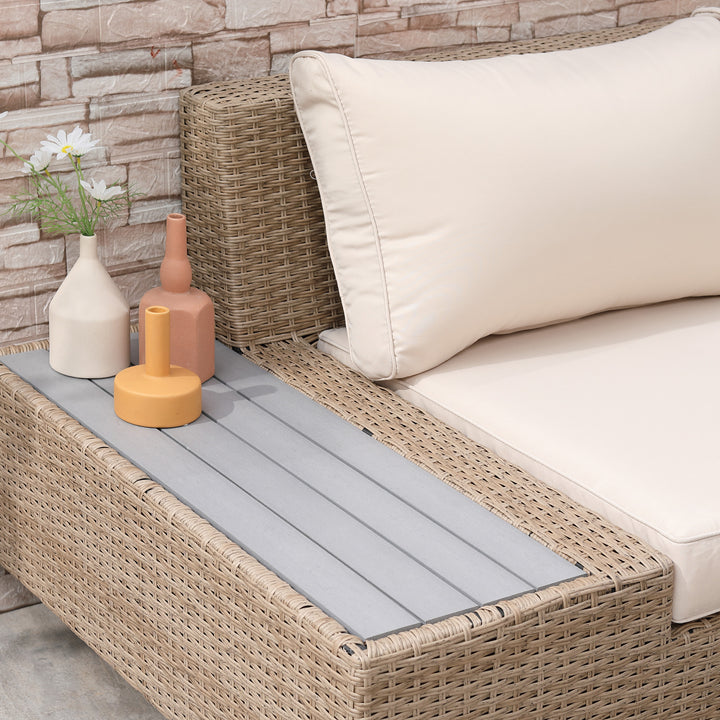 4 Pieces Rattan Garden Furniture Set, Garden Corner Sofa with Side Trays, Wicker Conservatory Furniture Set with Loveseats, Slatted Plastic Top Coffee Table and Cushions, Beige
