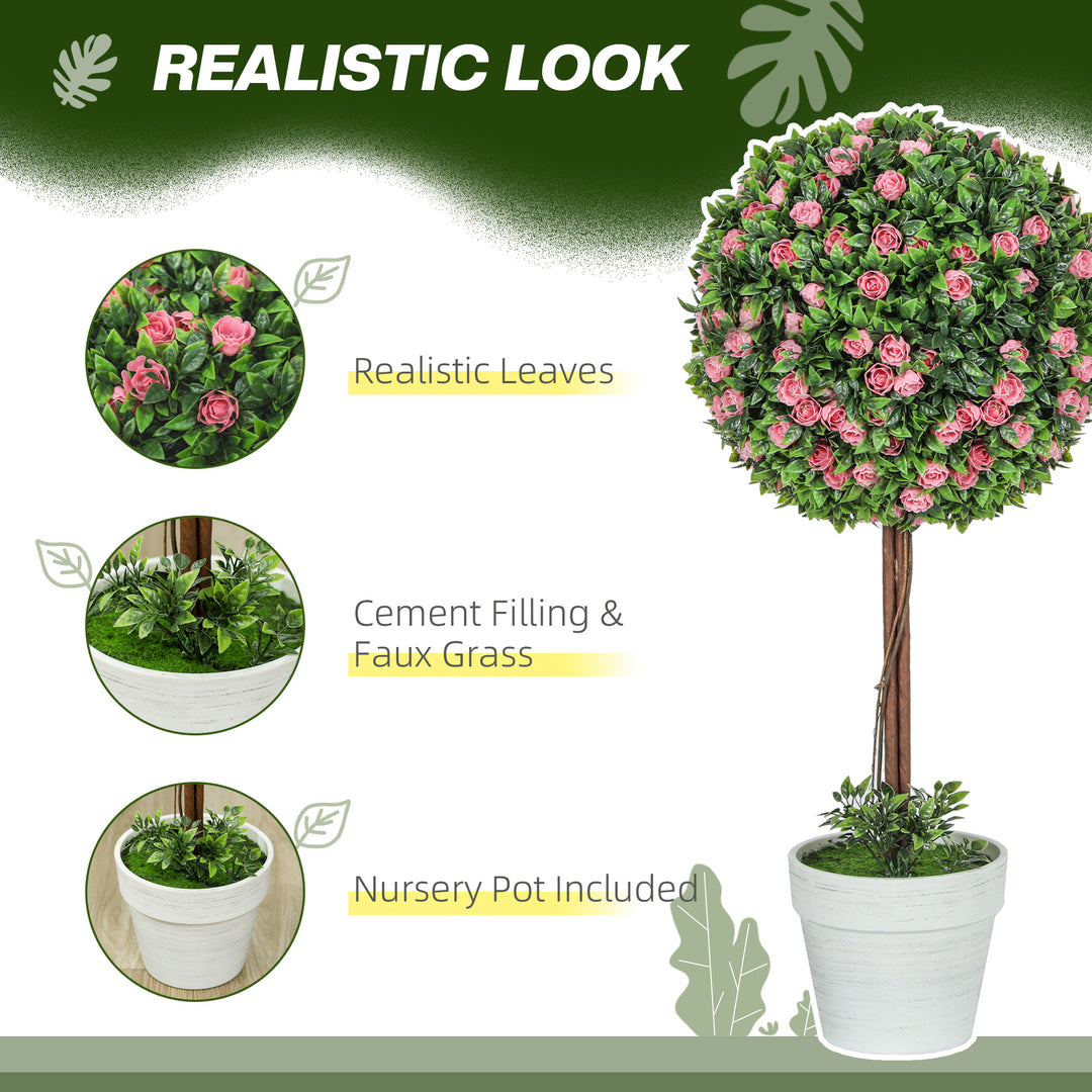 Set of 2 Decorative Artificial Plants, Ball Topiary Tree with Rose Flower in Pot, Fake Plants for Home Indoor Outdoor Decor, 60cm, Pink