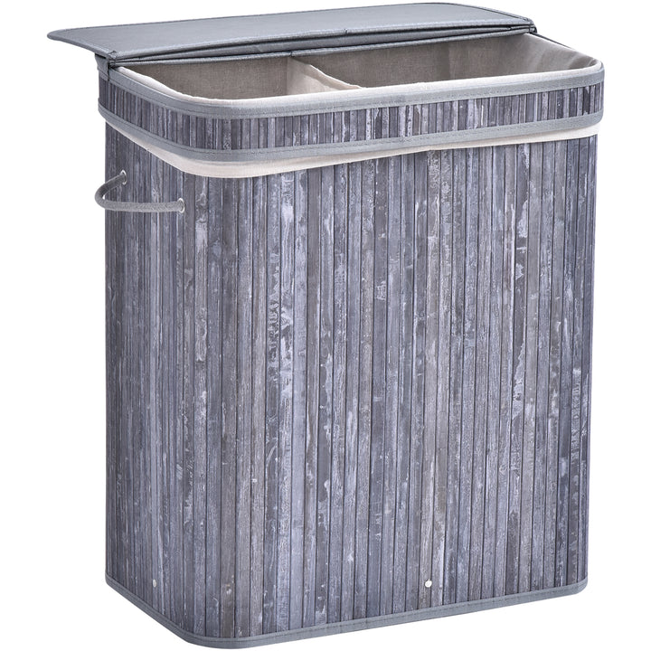 HOMCOM Laundry Locker: Dual-Compartment Wooden Basket with Lid, Removable Liner & Handles, Grey | Aosom UK