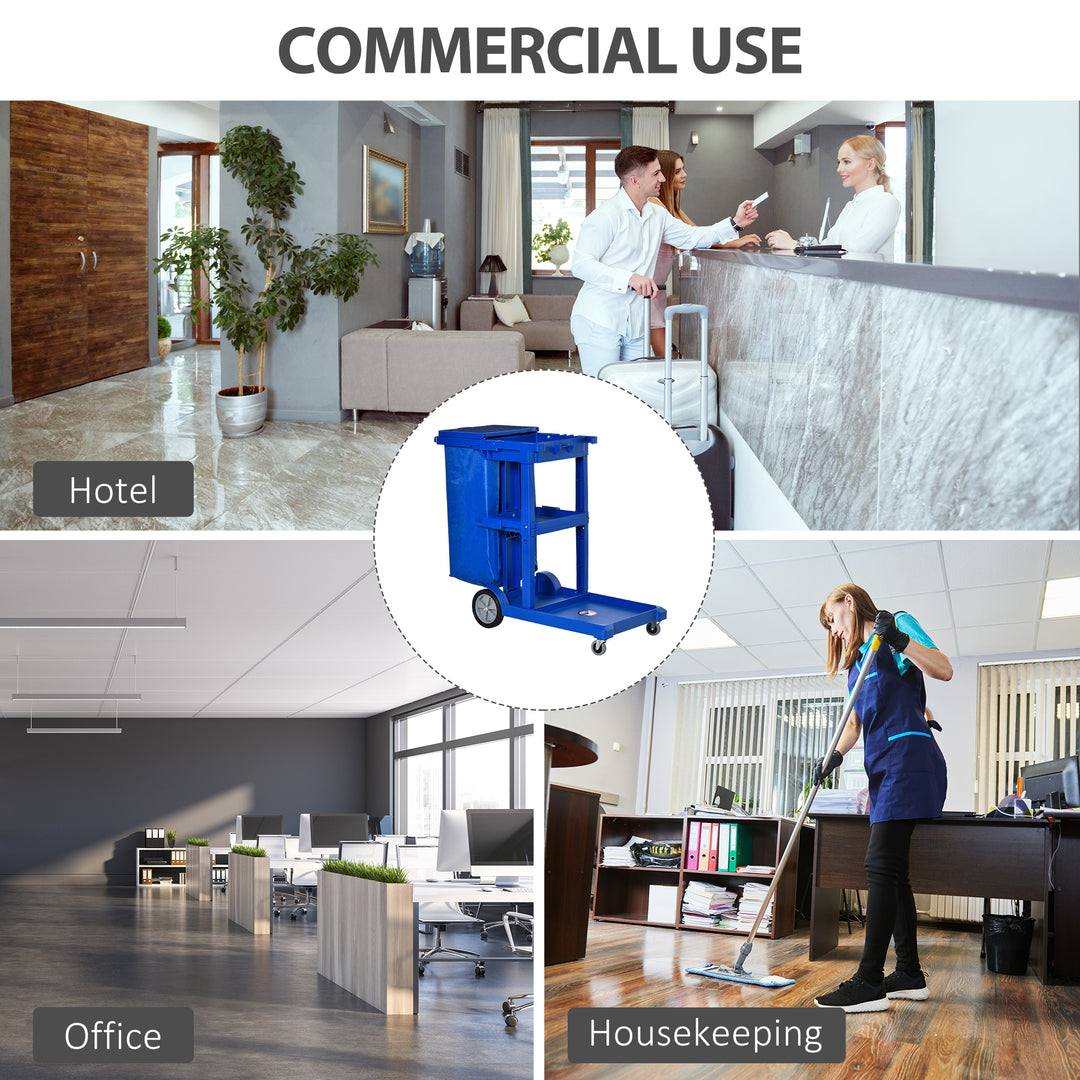 Janitor Cleaning Trolley, with Bin, Shelves and Hooks - Blue