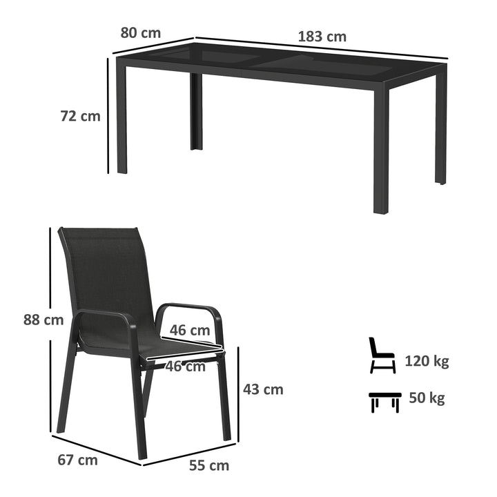 8 Seater Garden Dining Set with Stacking Chairs, Rectangular Tempered Glass Top, Garden Furniture Set, Outdoor Dining Table and Chairs for Patio, Balcony, Poolside, Black