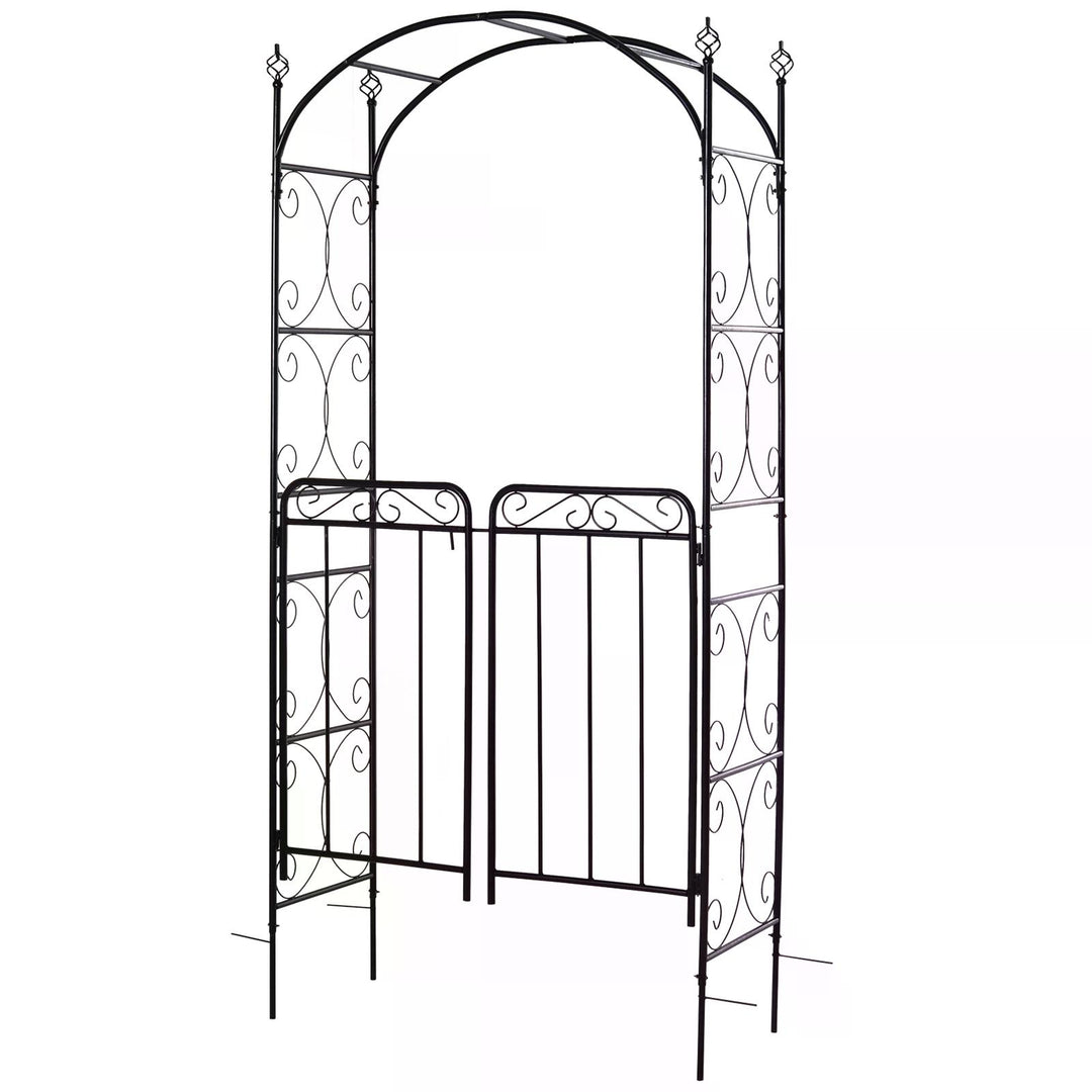 MCL Garden Decorative Metal Arch with Gate Outdoor Patio Trellis Arbor for Climbing Plant Archway Antique Black - 108L x 45W x 215Hcm