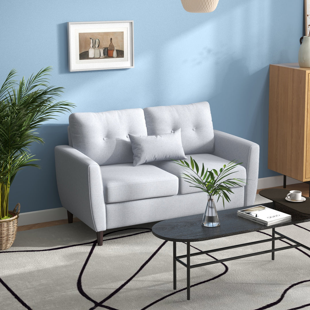 2 Seater Sofa with Spring Cushion, Fabric Sofa with Wooden Legs, Modern Love Seat for Living Room, 140cm Width Tufted Couch for Bedroom, Light Grey