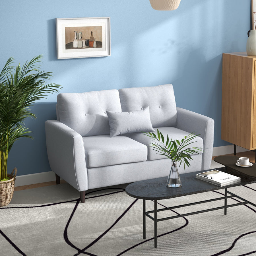 2 Seater Sofa with Spring Cushion, Fabric Sofa with Wooden Legs, Modern Love Seat for Living Room, 140cm Width Tufted Couch for Bedroom, Light Grey