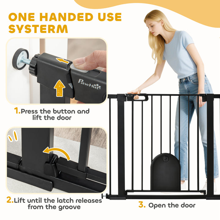 Dog Gate with Cat Flap Pet Safety Gate Barrier, Stair Pressure Fit, Auto Close, Double Locking, for Doorways, Hallways, 75-103 cm Black