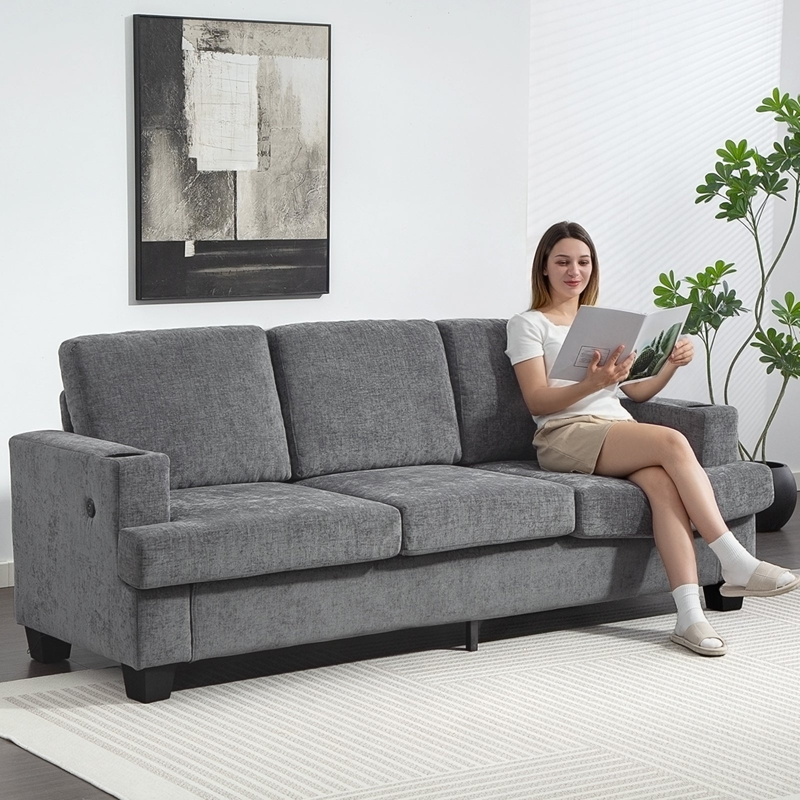 HOMCOM 3 Seater Sofa with USB Ports & Cup Holders - Grey