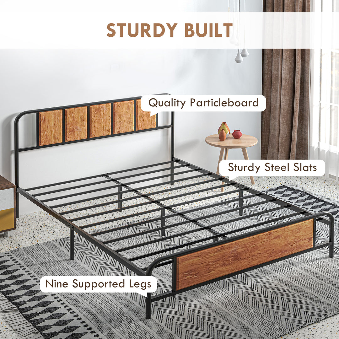 5.2ft King Bed Frame with Industrial Wood Headboard, Steel Slat Support and 31cm Underbed Storage Space, 160 x 207cm, Rustic Brown