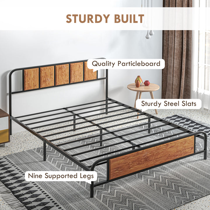 5.2ft King Bed Frame with Industrial Wood Headboard, Steel Slat Support and 31cm Underbed Storage Space, 160 x 207cm, Rustic Brown