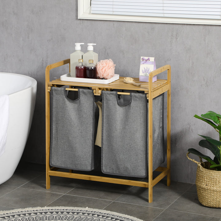 HOMCOM Bamboo Laundry Hamper with Shelf, Bedroom or Bathroom Laundry Basket with Pull-out Bags, 64x33x73 cm, Grey | Aosom UK