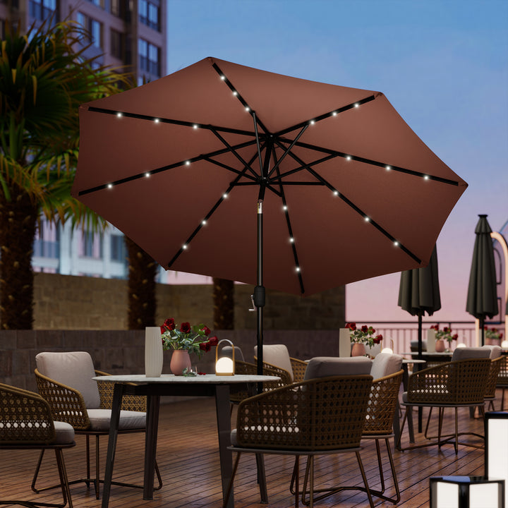 Φ2.7m Garden 24 LED Light Parasol Solar Outdoor Tilt Sun Umbrella Patio Club Party Event Manual Sun Shade w/ Hand Crank and 8 Ribs, Brown