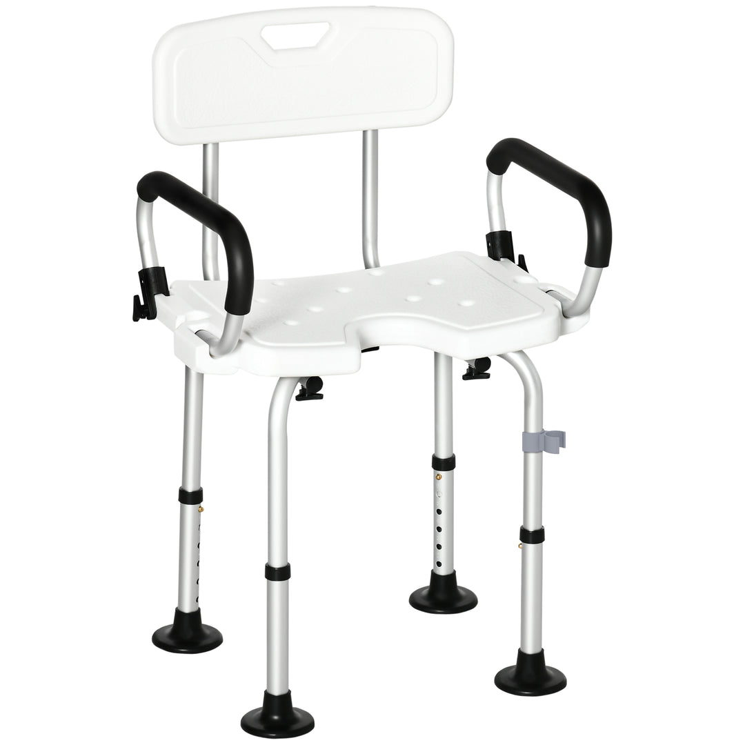 Shower Chair for the Elderly and Disabled, Height Adjustable Shower Stool with Back and Flipped Padded Arms, Suction Foot Pads, White