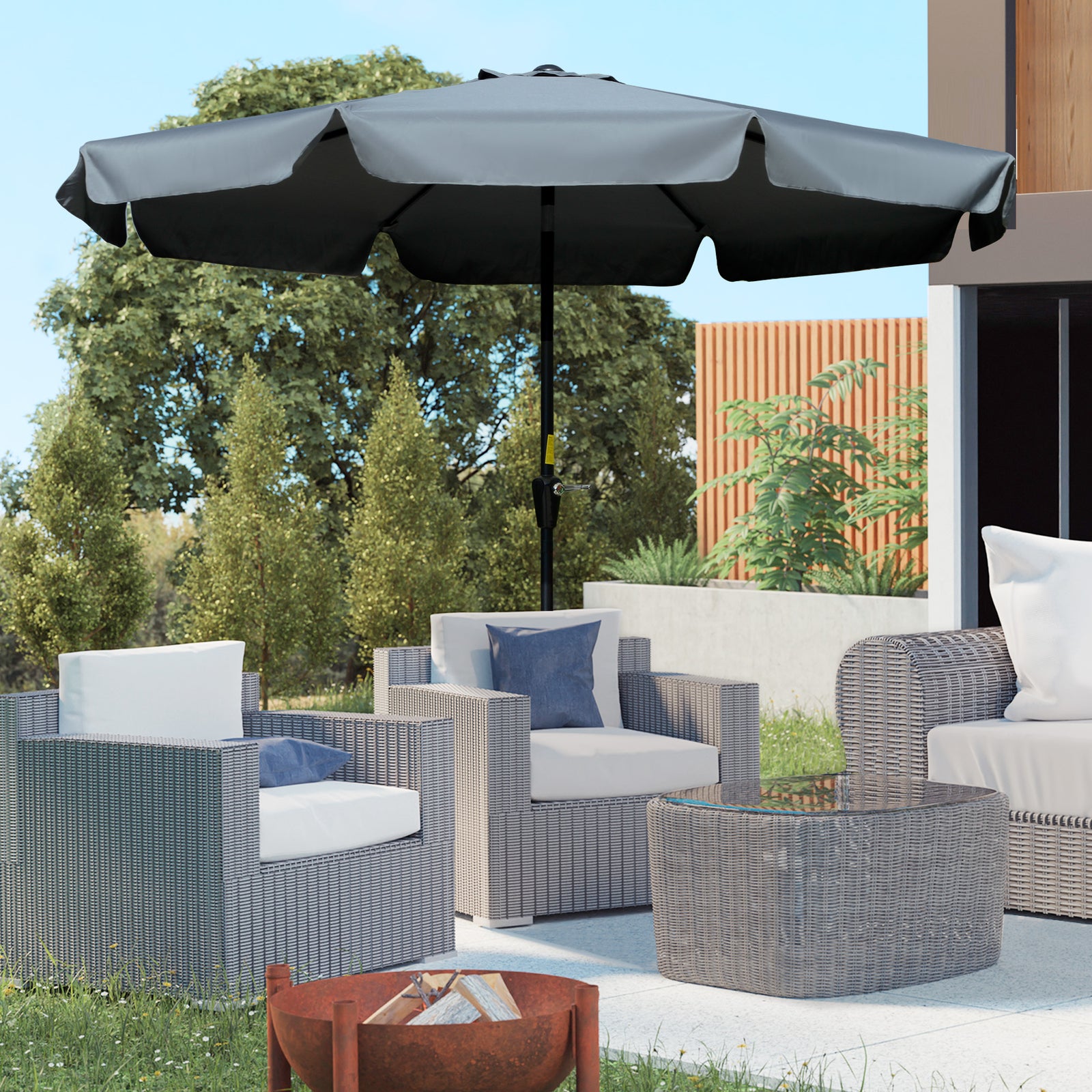 2.7m Patio Parasol Garden Umbrellas Outdoor Sun Shade Table Umbrella with Tilt, Crank, 8 Ribs, Ruffles, Grey
